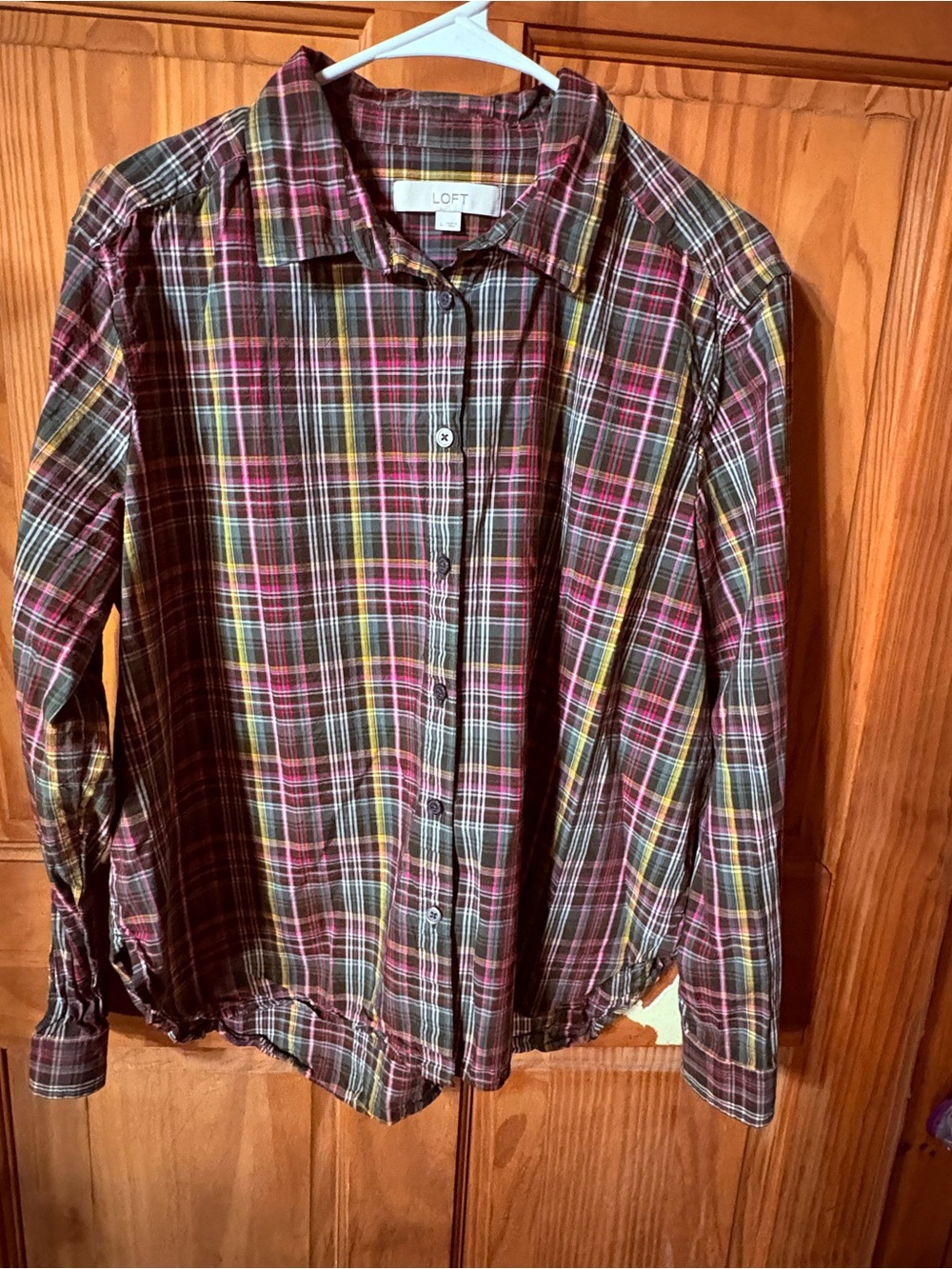 LOFT Plaid Button-Down Shirt in Burgundy, Pink & Yellow